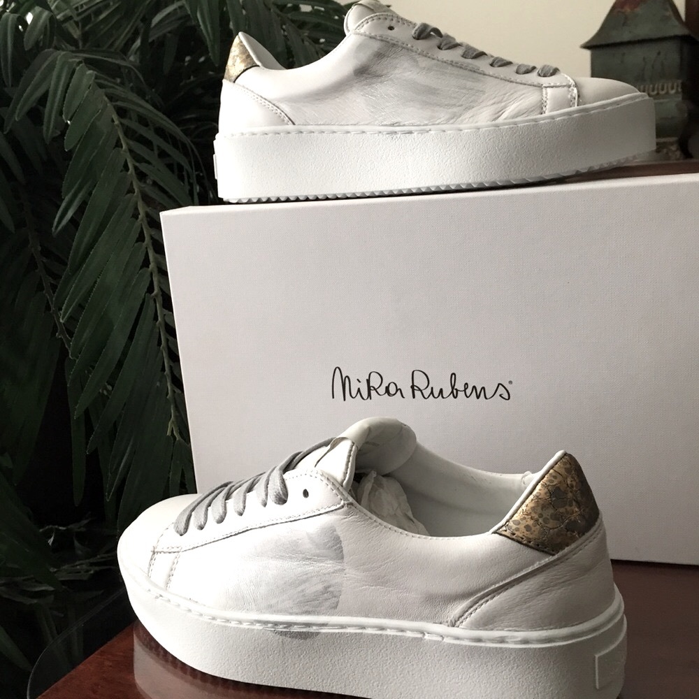 White Leather Platform Sneakers with Gold Heel Accent